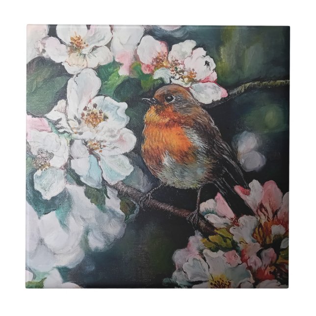 Robin mit Kirschblüte Fliese (Vorderseite)