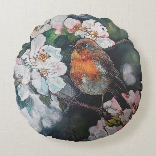 Robin mit Kirschblüte Rundes Kissen (Vorderseite)