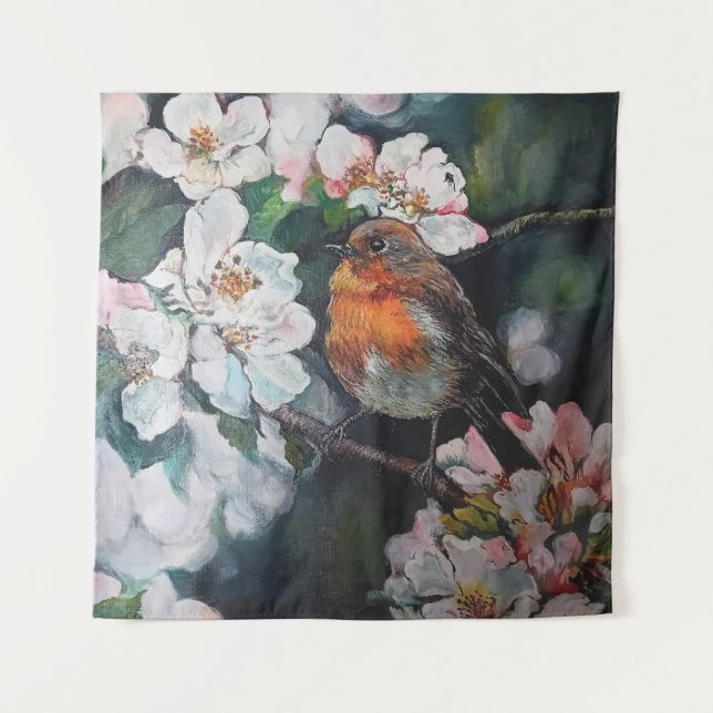 Robin mit Kirschblüte Wandteppich (Vorderseite)