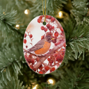 Robin mit roten Berries Keramikornament
