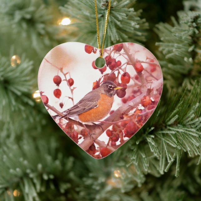 Robin mit roten Berries Keramikornament (Baum)