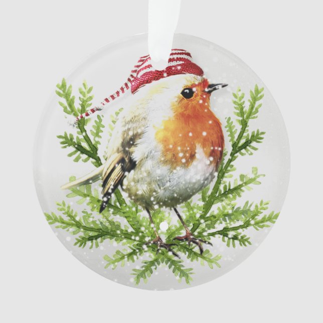 Robin mit Weihnachtsmannmütze und Schnee Ornament (Vorderseite)