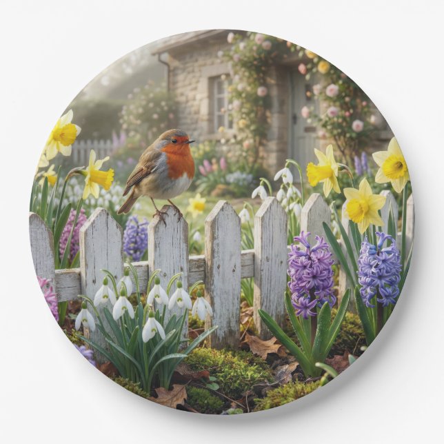 Robin On a Spring Garden Picket Fence Pappteller (Vorderseite)