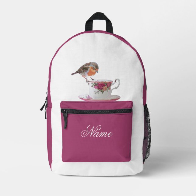 Robin on a Tee Cup Bedruckter Rucksack (Vorderseite)