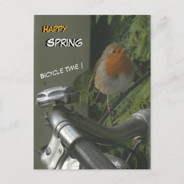 Robin on Bicycle Nah Up Happy Spring Postkarte (Vorderseite)