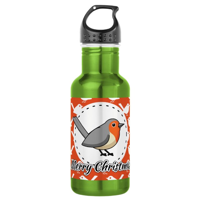 Robin on Orange White Bird Pattern - Merry Xmas Edelstahlflasche (Vorderseite)