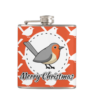 Robin on Orange White Bird Pattern - Merry Xmas Flachmann