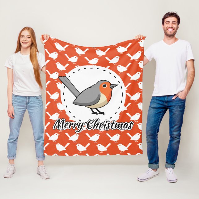 Robin on Orange White Bird Pattern - Merry Xmas Fleecedecke (Beispiel)