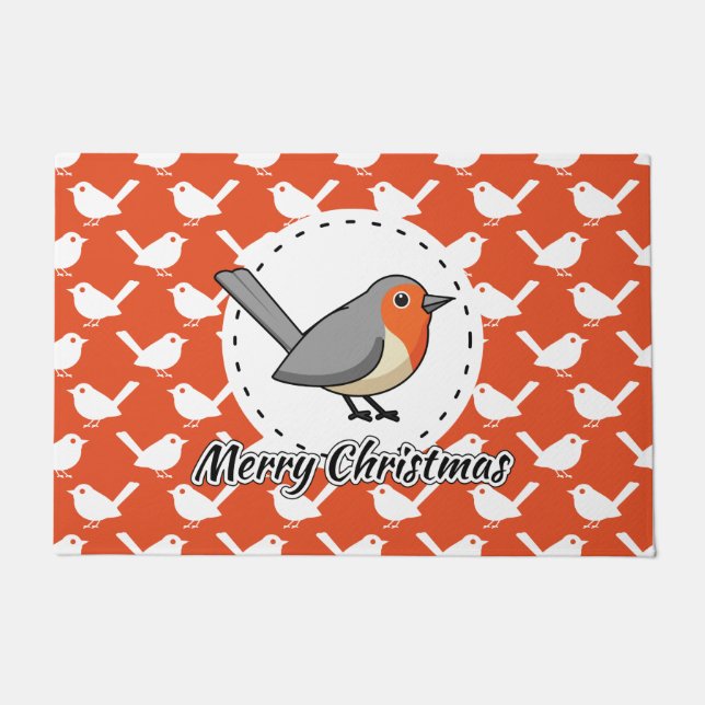 Robin on Orange White Bird Pattern - Merry Xmas Fußmatte (Vorderseite)