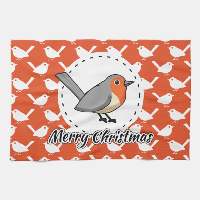 Robin on Orange White Bird Pattern - Merry Xmas Geschirrtuch (Horizontal)