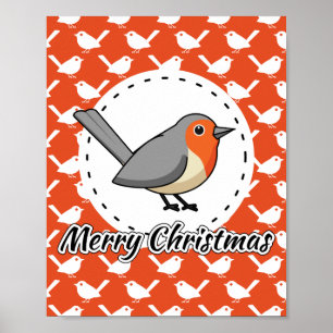 Robin on Orange White Bird Pattern - Merry Xmas Poster