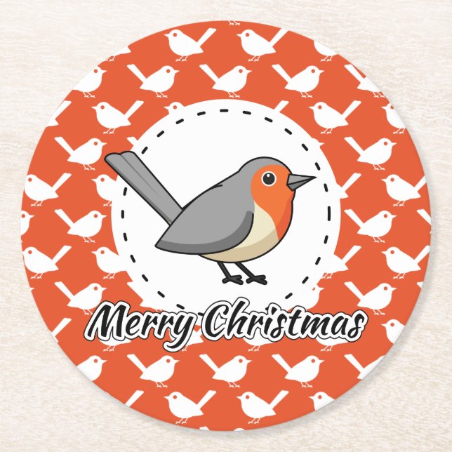 Robin on Orange White Bird Pattern - Merry Xmas Runder Pappuntersetzer (Vorderseite)