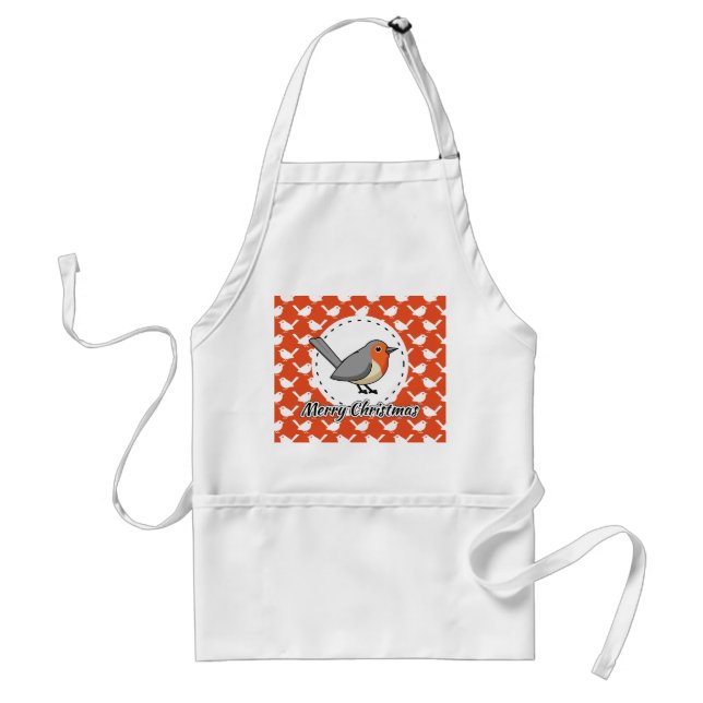 Robin on Orange White Bird Pattern - Merry Xmas Schürze (Vorne)