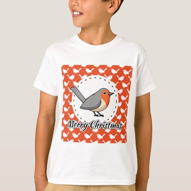 Robin on Orange White Bird Pattern - Merry Xmas T-Shirt (Vorderseite)