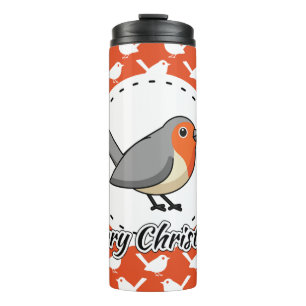 Robin on Orange White Bird Pattern - Merry Xmas Thermosbecher