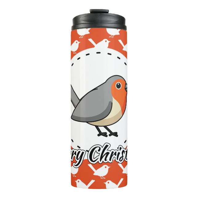 Robin on Orange White Bird Pattern - Merry Xmas Thermosbecher (Vorderseite)