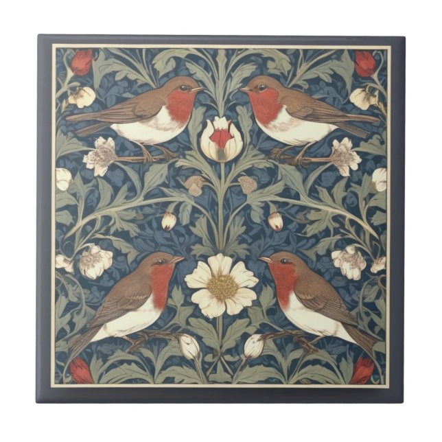 Robin Red Breast Birds William Morris Style Bird Fliese (Vorderseite)