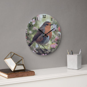 Robin Red Breast in Nature   Bäume und Blume Große Wanduhr