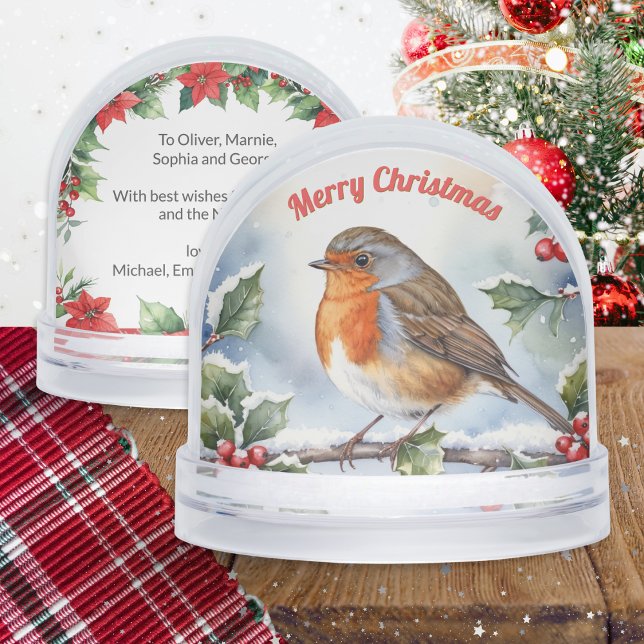 Robin Redust Watercolor Weihnachten Personalisiert Schneekugeln (A Christmas snowglobe with robin picture in a watercolor style and customizable text on the back)