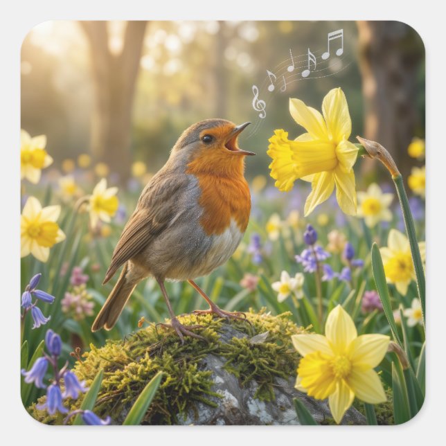 Robin Singing Into a Daffodil Quadratischer Aufkleber (Vorderseite)