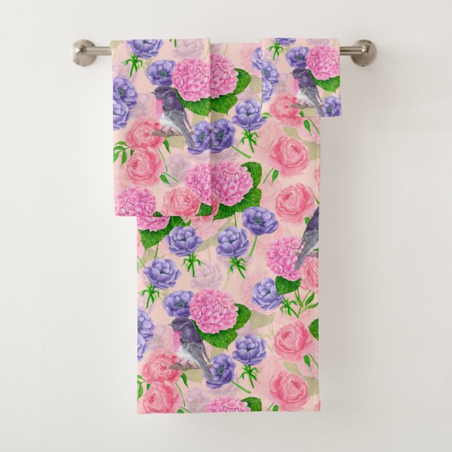 Robin und Blume, Aquarellmuster Badhandtuch Set (Insitu)