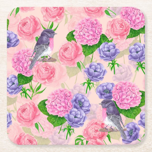 Robin und Blume, Aquarellmuster Rechteckiger Pappuntersetzer (Vorderseite)