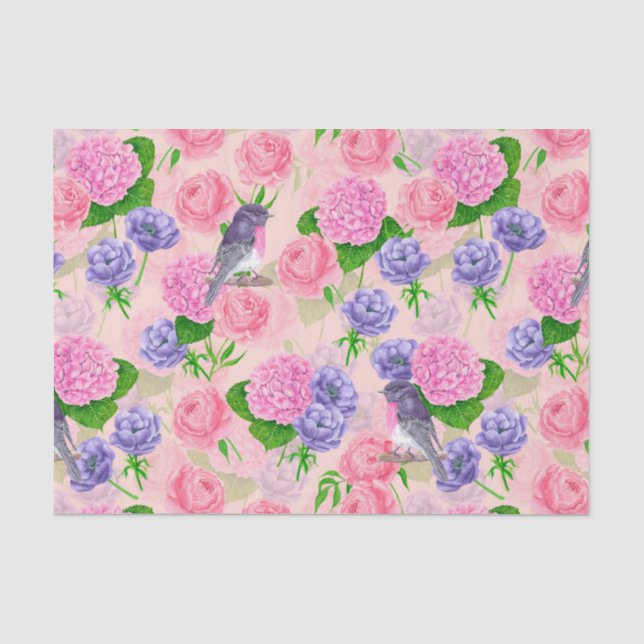 Robin und Blume, Aquarellmuster Seidenpapier (Vorderseite)
