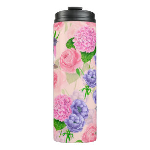 Robin und Blume, Aquarellmuster Thermosbecher