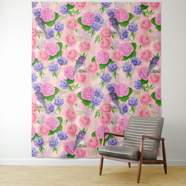 Robin und Blume, Aquarellmuster Wandteppich (Beispiel)