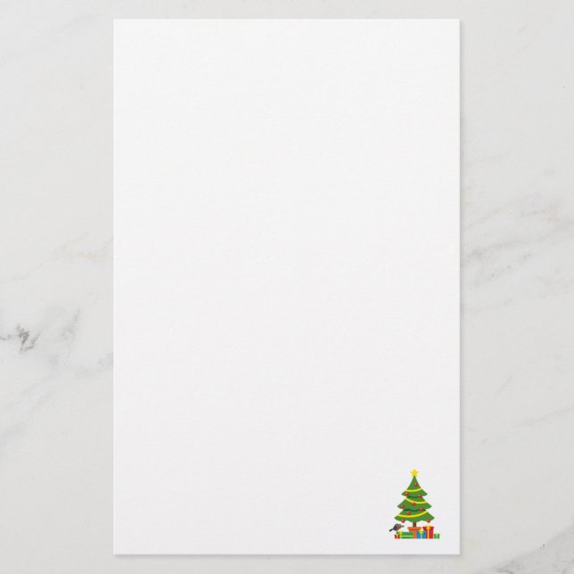 Robin und farbenfrohe Geschenke unter Weihnachtsba Briefpapier (Vorderseite)