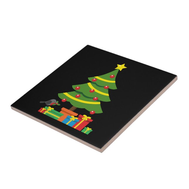 Robin und farbenfrohe Geschenke unter Weihnachtsba Fliese (Seite)