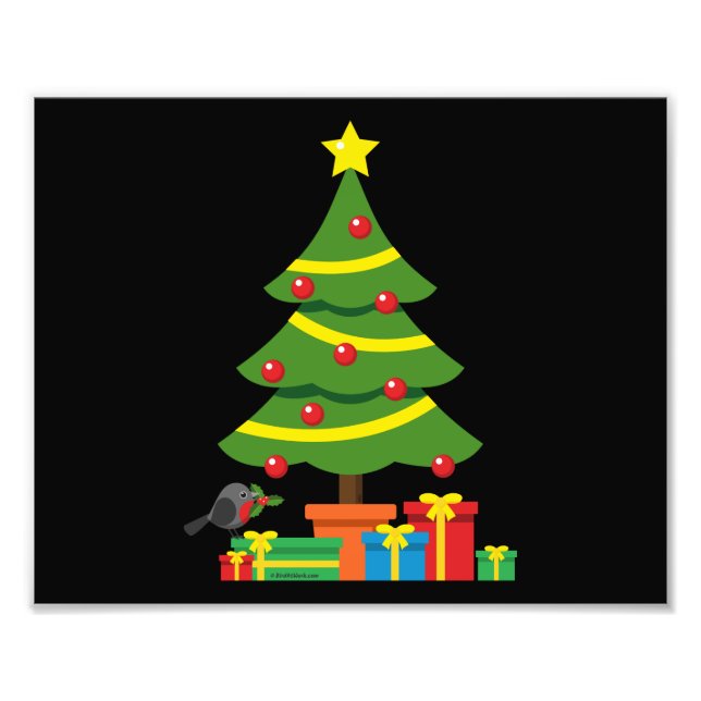 Robin und farbenfrohe Geschenke unter Weihnachtsba Fotodruck (Vorne)