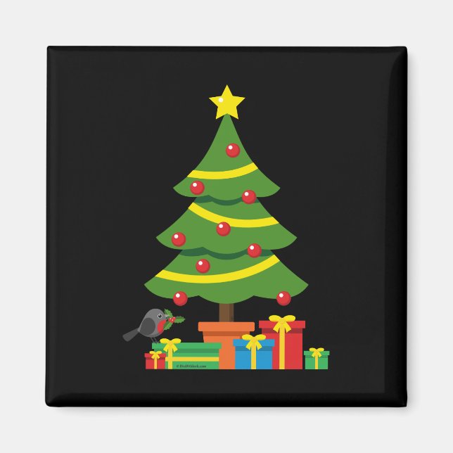 Robin und farbenfrohe Geschenke unter Weihnachtsba Magnet (Vorne)