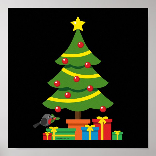 Robin und farbenfrohe Geschenke unter Weihnachtsba Poster (Vorne)