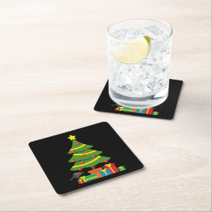 Robin und farbenfrohe Geschenke unter Weihnachtsba Rechteckiger Pappuntersetzer