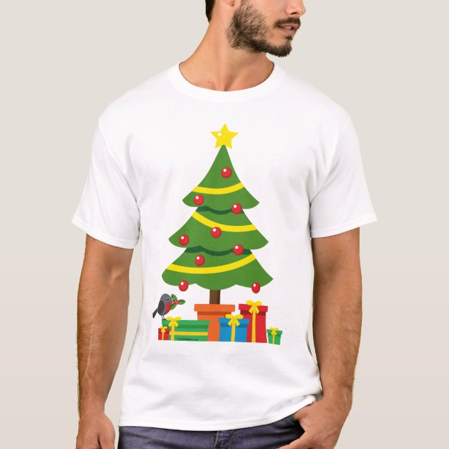 Robin und farbenfrohe Geschenke unter Weihnachtsba T-Shirt (Vorderseite)
