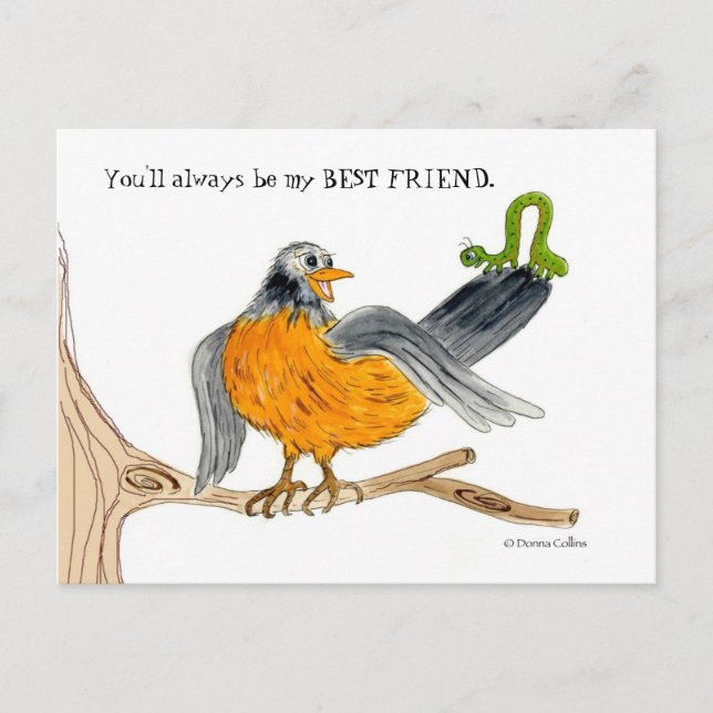 Robin und grüner Inch-Wurm Postkarte (Vorderseite)