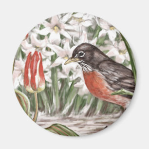 Robin und rotes Tulpe-Frühlings-Blumen-Malen Magnet