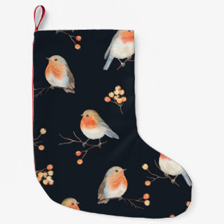 Robin-Vögel und Beerenrowan auf trockenen Zweigen, Kleiner Weihnachtsstrumpf