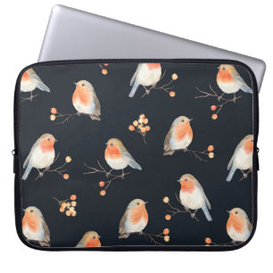 Robin-Vögel und Beerenrowan auf trockenen Zweigen, Laptopschutzhülle