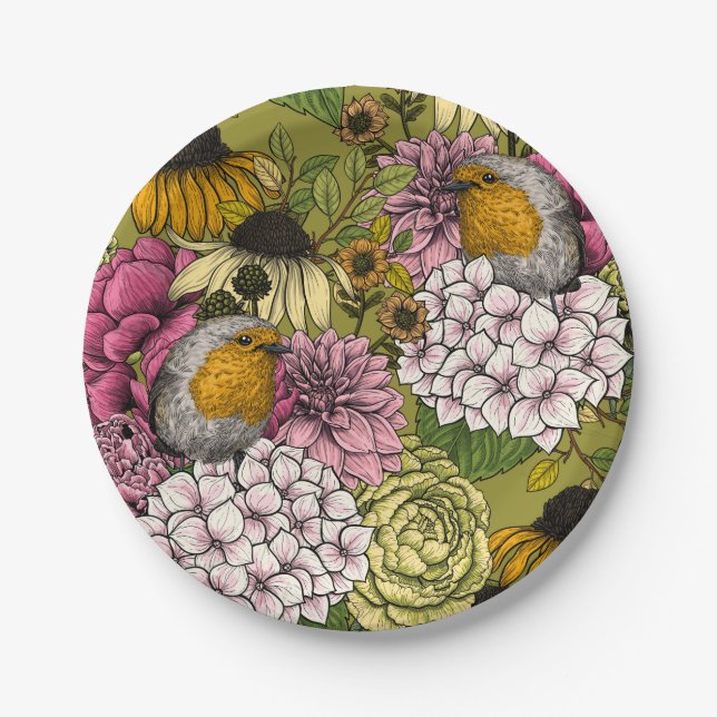 Robinen im Garten 2 Pappteller (Vorderseite)