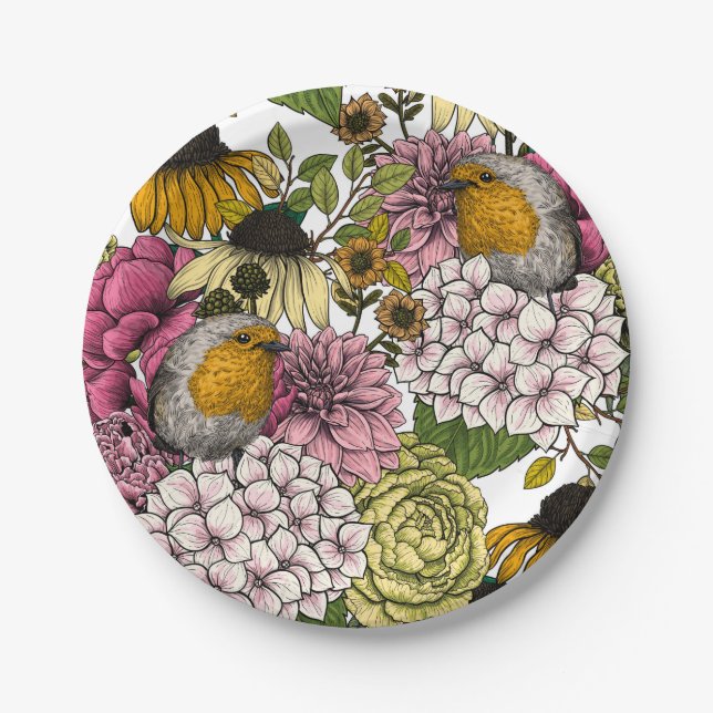 Robinen im Garten Pappteller (Vorderseite)