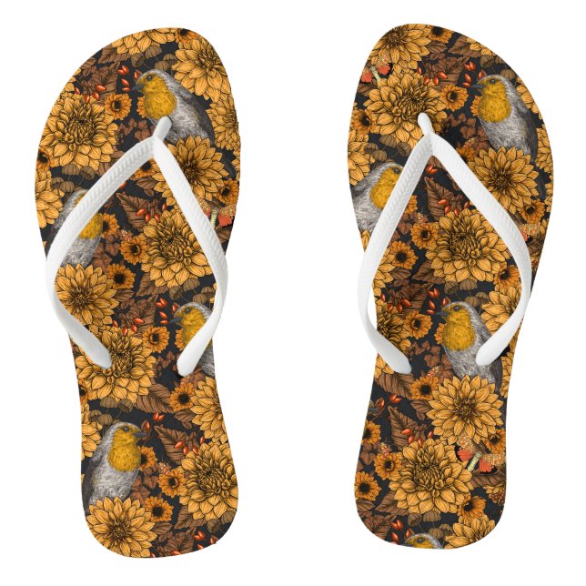 Robinen im Herbstgarten auf schwarz Flip Flops (Fußbett)