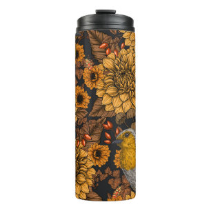 Robinen im Herbstgarten auf schwarz Thermosbecher