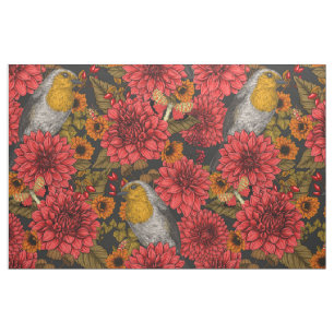 Robinen im Herbstgarten, rote Dahlien auf schwarz Stoff