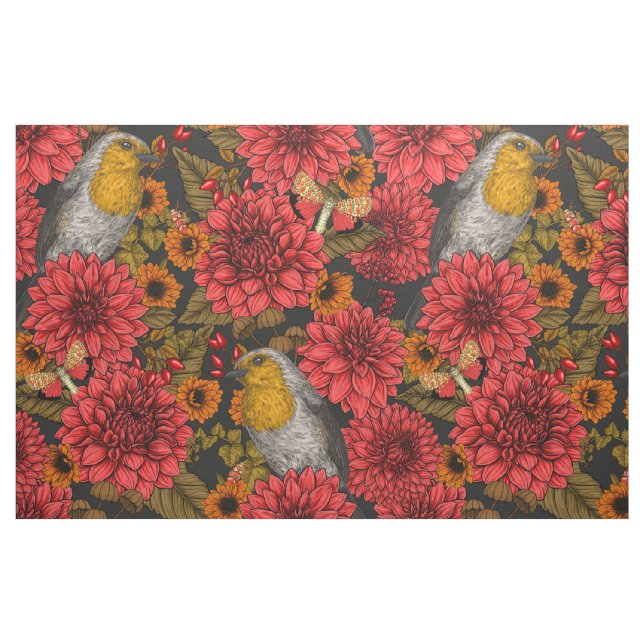 Robinen im Herbstgarten, rote Dahlien auf schwarz Stoff (Fat Quarter (45,7 x 55,9 cm))