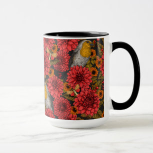 Robinen im Herbstgarten, rote Dahlien auf schwarz Tasse