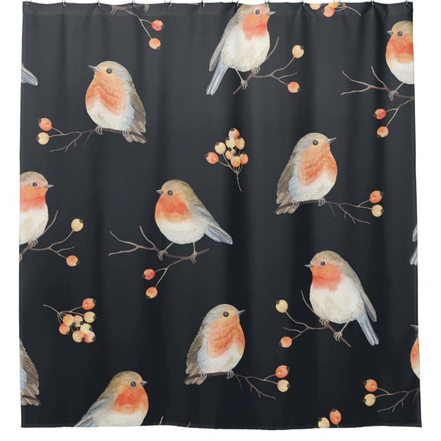 Robinen, Rowan Beeren, winterfarbenes Muster. Duschvorhang (Vorderseite)