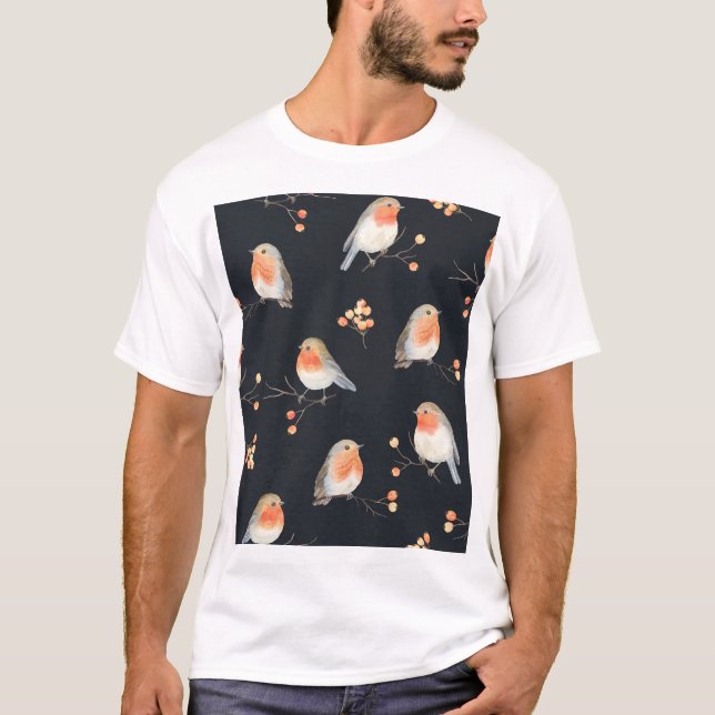 Robinen, Rowan Beeren, winterfarbenes Muster. T-Shirt (Vorderseite)