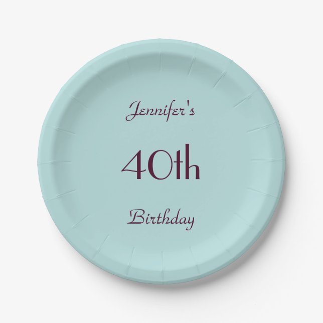 Robin's Egg Blue Name 40. Geburtstag Party Einfach Pappteller (Vorderseite)